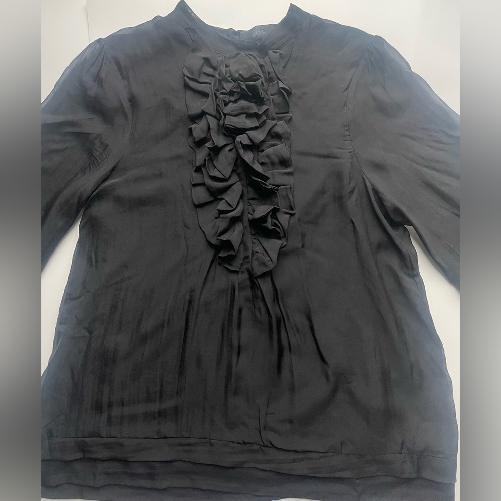 sandra angelozzi Black Silk Ruffle Blouse Large Sheer Long Sleeve Feminine Top - Picture 4 of 7